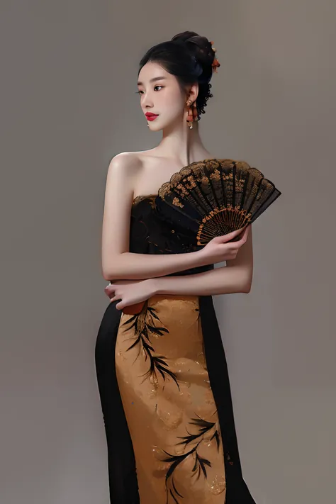 Oriental beauty, Woman in black and gold dress holding a fan, Cheongsam, Inspired by Dai Xi, with acient chinese clothes, Chinese dress, inspired by Xie Sun, high - end fashion photoshoot, Chinese style, Inspired by Guo Xi, inspired by Tang Di, Inspired by...