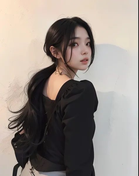 mulher arafed com longos cabelos pretos usando um top preto e saia bege, Ulzzang, cabelo de rabo de cavalo preto, rabo de cavalo preto longo, com cabelos longos, rabo de cavalo cabelo preto, preto hime corte cabelo, Asian girl with long hair, a young asian...