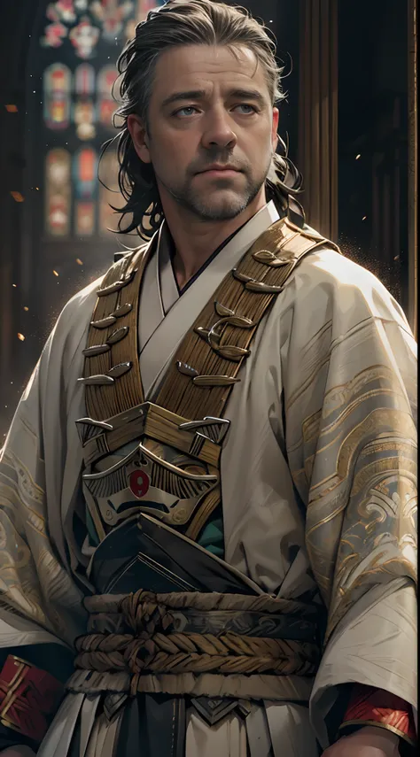 Shogun, Russell Crowe（Russell Ella Crowe）played by General Maximus（cinematic ligh：gladiator），Coronation as king，Short dark brown hair，Small waves，Crown on head， Meticulous muscle definition, Realistic depiction, 4K quality. （Background with: The main hall ...