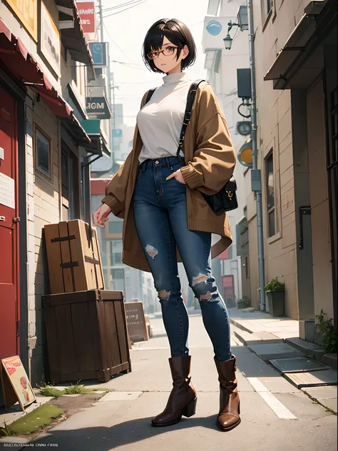 1woman, short black hair, brown eyes, brown skin, glasses, sheep sweater, jeans, boots, standing on ground, high res, ultra sharp, 8K, masterpiece