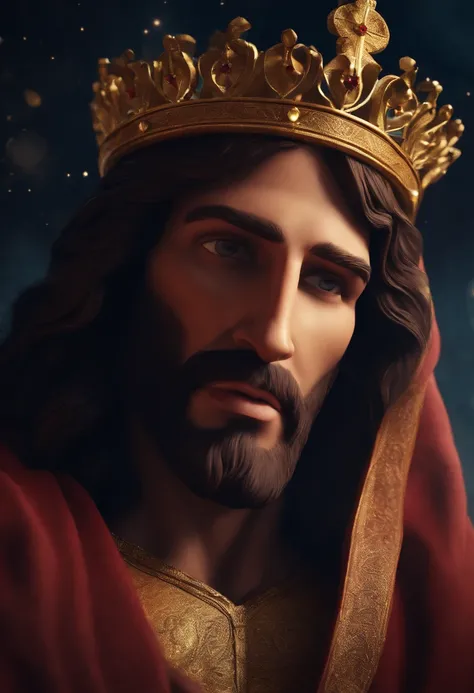 Jesus Christ with a crown in his hand , fundo celestial, Estilo Pixar, ....3d, desenhos animados, rosto detalhado, asymmetrical 16k