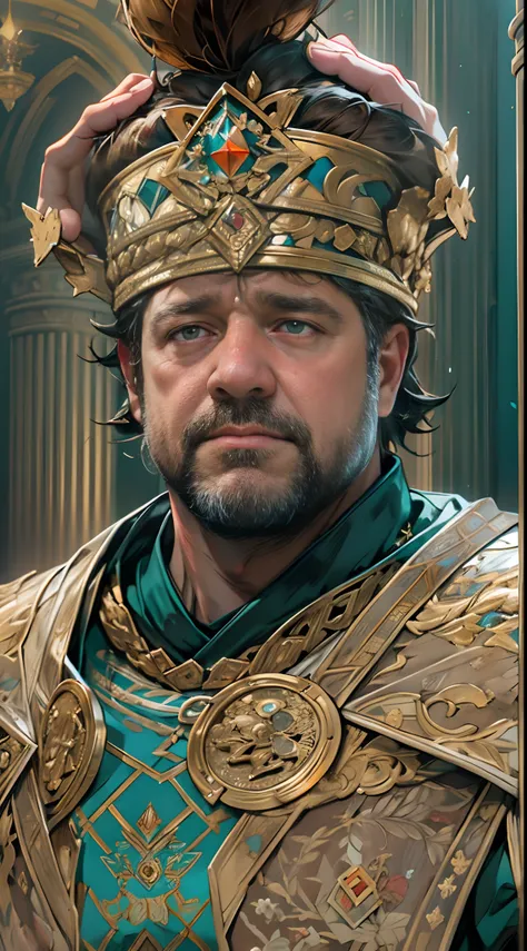 Coronation as king, Russell Crowe（Russell Ella Crowe）played by General Maximus（cinematic ligh：gladiator），Coronation as king，Short dark brown hair，Small waves，Crown on head，Wearing the emperors robes with delicate muscle definitions, Realistic depiction, 4K...