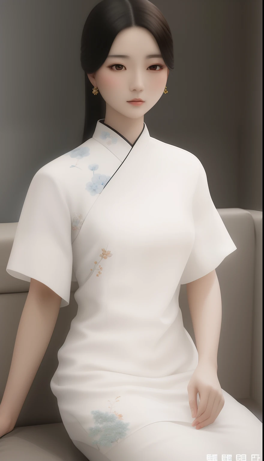 arafed woman in a white dress sitting on a couch, inspired by Gao Qipei, inspired by Yao Tingmei, porcelain japanese mannequins, inspired by Gao Xiang, inspired by Min Zhen, inspired by Chen Chun, inspired by Itō Shinsui, inspired by Yun Du-seo, inspired b...