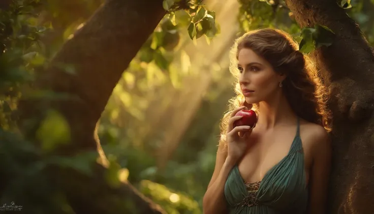 fotografia,Detailed depiction of Eva very beautiful, vista de longe, in the garden of eden,Holding an apple,Eve looks directly into the eye of the serpent in the tree, serpente grande, Very close to Evas face,fotorrealista,Landscape,natural lighting,tons q...