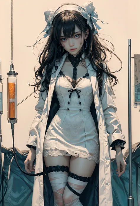 (Detailed illustrations,Very detailed and detailed drawing,Delicate lines with slow and rapid,Realistic texture expression),[Color tressed main line],(Old laboratory[Moon Night]),((Frankensteins MonsterGIRL) 14years (Stitched skin [seam[Splicing]])[electro...