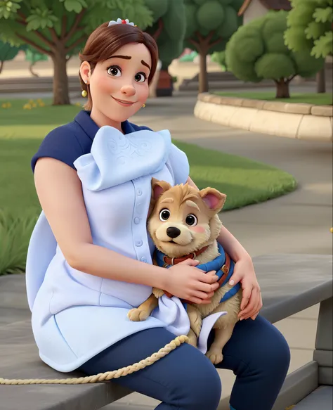 Uma mulher loira, Holding a baby next to his Yorkshire puppy, estilo disney pixar, alta qualidade, melhor qualidade