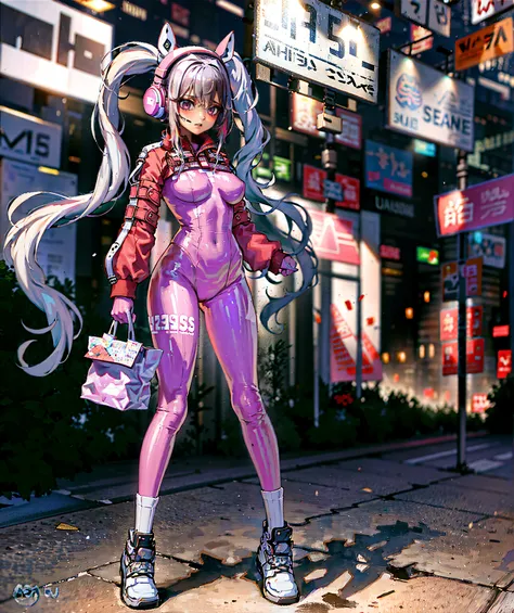 Alice， tightsuit，Handheld shopping bag，There are two or three sisters，cyber punk style， 11.This sentence 11，Neon Street，A wide variety of shops，Traditional shopping festivals，Live the life of Riley，k hd，4K, Blurred edges