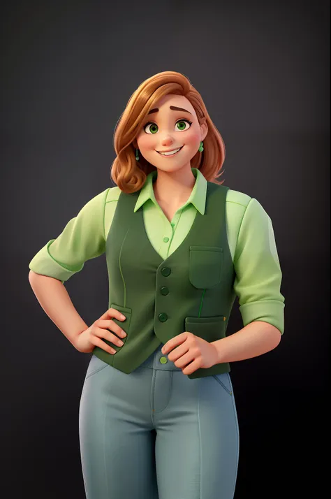 Uma mulher sorridente estilo Disney pixar, em camisa verde e colete verde posando para uma foto, retrato promocional, imagem promocional, foto profissional bem iluminada, foto comercial, fotografia headshot, Roxie Vizcarra, cindy avelino, Retrato de Darna ...