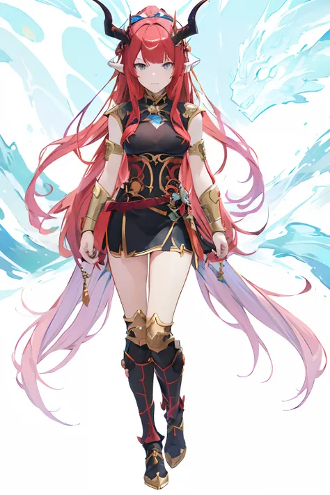 a woman with long red hair and horns walking in front of a blue background, keqing from genshin impact, ayaka genshin impact, ayaka game genshin impact, zhongli from genshin impact, genshin impact character, shadowverse style, cushart krenz key art feminin...