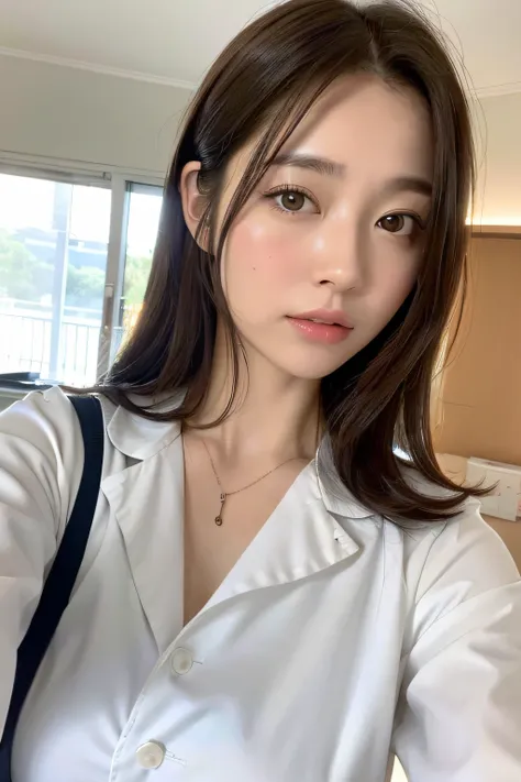 (top-quality、8K、32K、​masterpiece、nffsw:1.2)、Photo of a cute Japanese woman、女の子 1 人、(Medium short dark brown hair)、(small tits)、二重まぶた、White nurse uniform、White shirt、open-shirt、（hospitals）、Hospital Room、The upper part of the body、full body Esbian