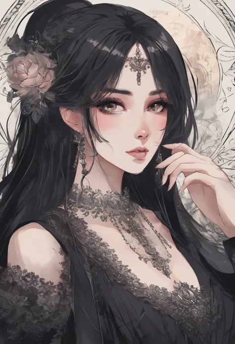 (best quality,4k,8k,highres,masterpiece:1.2),ultra-detailed,(realistic,photorealistic,photo-realistic:1.37),goth girl,round face,soft lips,brown eyes,dark makeup,silver nose ring,victorian style clothing, dramatic shadows on her face,long dark hair flowing...