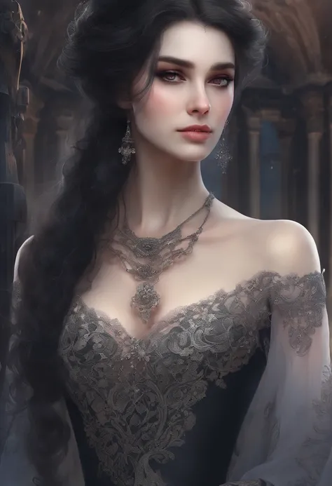 (best quality,4k,8k,highres,masterpiece:1.2),ultra-detailed,(realistic,photorealistic,photo-realistic:1.37),goth girl,round face,soft lips,brown eyes,dark makeup,silver nose ring,victorian style clothing, dramatic shadows on her face,long dark hair flowing...