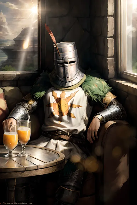 (masterpiece),((solaire)),a knight relaxed and sitting at a sofa, orange juice on table, window, atmospheric, sharp focus, maste...