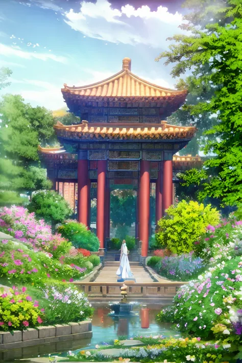 There is a gazebo in the middle of the pond full of flowers, chinese architecture, ancient Chinese architecture, Chinese style, traditional chinese, In the aesthetics of ancient China, Pavilion, Botanical Garden, chinese buildings, Chinese Palace, botanica...