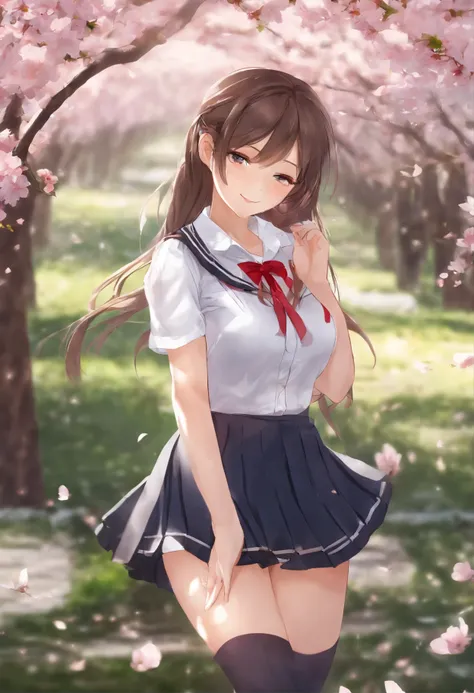 High quality picture of a beautiful school girl. Large breasts, wearing a school uniform, blushing and smiling sensually. 1 girl, outside, cherry blossoms, ultra high quality.