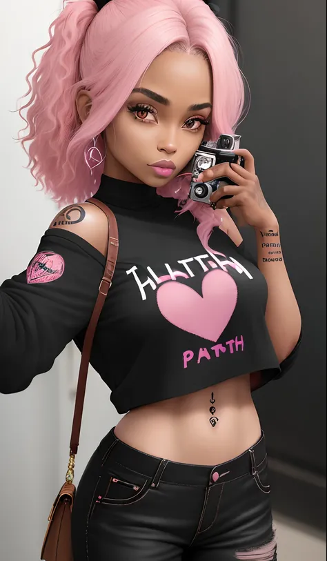 Black photographer with heart tattoo with heartbeat written Faith on left shoulder. Cabelo longo cacheado com californiana loira. Pink blouse and black pantaloons.