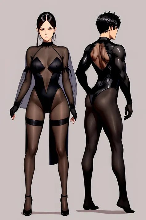 Sketch drawing of a couple of men and women wearing black transparent leotards, Both leotards are tight to the body, and its sleeves are shaped like long sleeves with gloves, and sheer black pants, They dont wear shoes, apenas meias pretas, design de leota...