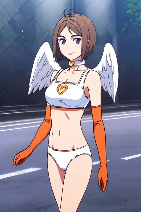 Angelnumber7,1girl heart choker, angel wings,orange crop top,midriff, elbow gloves, white bikini, orange footwear, solo, facing viewer, looking at viewer, upper body, smile, half body, raceway