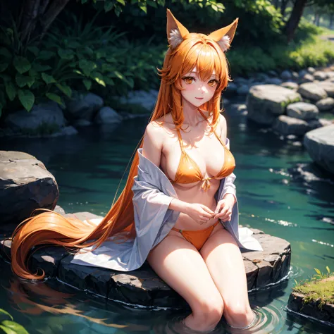 realisitic、top-quality、Sit by the river、((One Woman:1.5))、Orange hair、Very long hair、dishevled hair、Golden Eyes、Medium chest、fox ear、Fox tail、Orange Bikini、Fluffy kimono