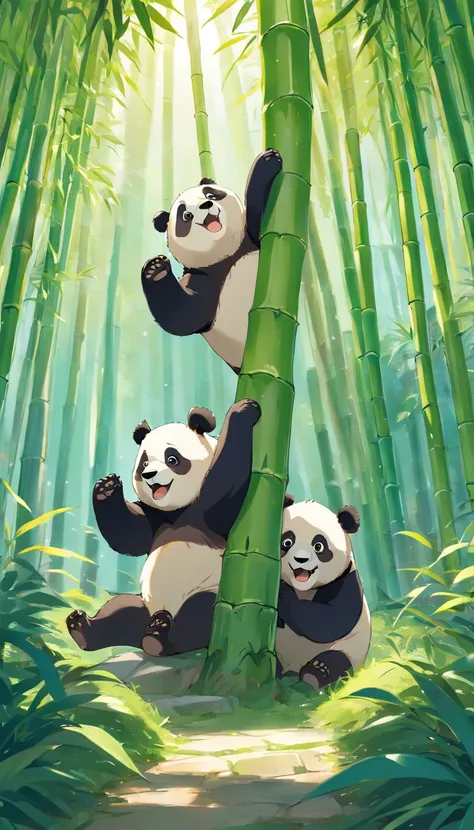 Many playful pandas,joyful expressions,bamboo forest,fuzzy fur,bright green leaves,climbing trees,rolling and tumbling,excited jumps,panda cubs wrestling,fluffy and round,white and black patterns,round black eyes,curious and active,lovely and energetic,pan...