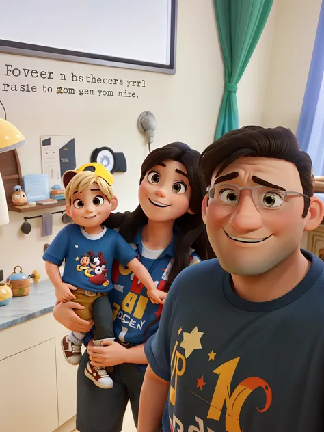 family photo, homem, Woman and Child, no estilo Disney pixar.