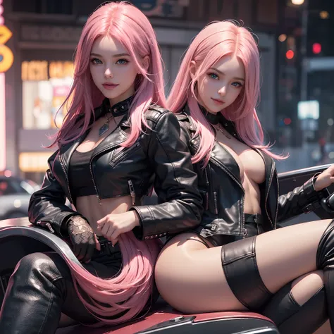 (Best Quality,8K,Ultra-detailed:1.2),Leather jacket,Sexy,Leather pants,Pretty girl,Smile,Pink hair，Women in Hollywood,Stylish,Beautiful, masutepiece,Large bust,Ultra-high resolution,Detailed face, flawless complexion,Long hair,Beauty,Blue eyes