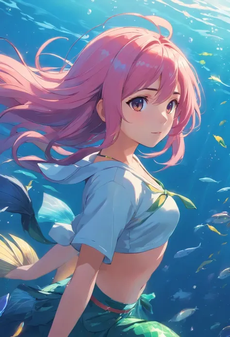 ((((ultra illustrated style:1.0)))),best quality,best animated,masterpiece,ray tracing, global illumination,Deep Sea Girl,1girl,solo,pink hair,wariza,mermaid