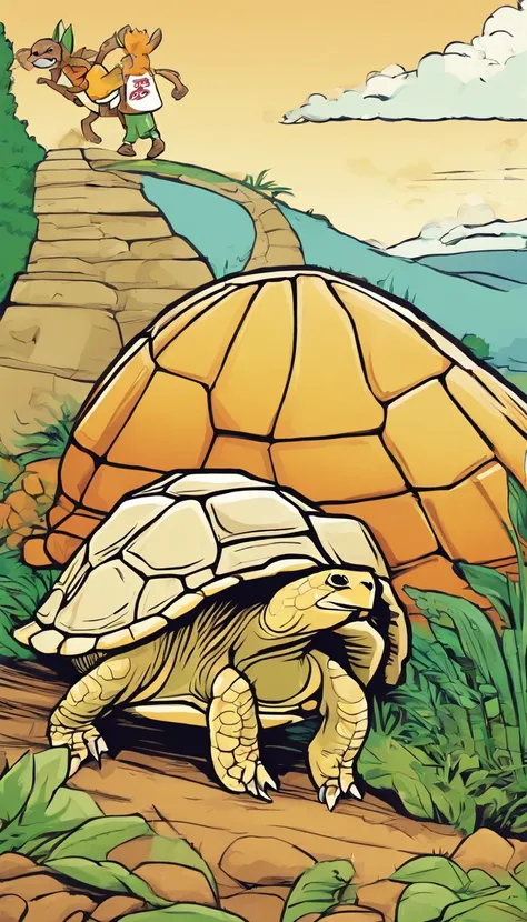 A commercial illustration with a good part in black, branco e verde-claro, In the middle of it is a tortoise and a light-brown hare highlighted on an athletics track, e muito peludo, excelling in the race due to the tortoise being in front of the hare. The...