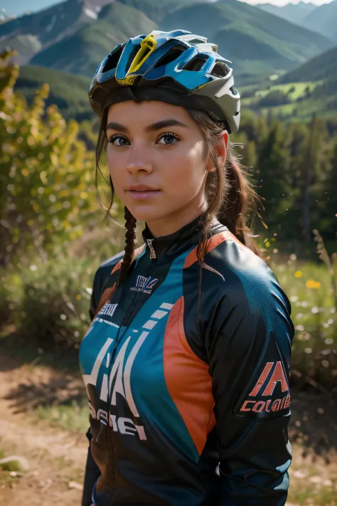 (a girl,mountainbike competition,high performance),ultra-detailed,professional,sharp focus,vivid colors,portraits,studio lighting,extremely detailed eyes and face,long eyelashes,athletic,confident,energetic,scenic nature background,hdr,bokeh