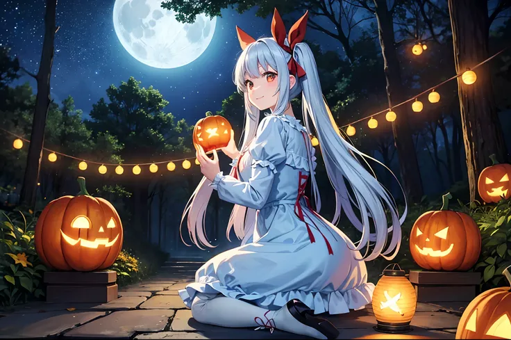 in woods　Full of pumpkin lanterns　Halloween Party for Animals　alice in the wonderland　adorable smiling　Light blue long hair　Twin tails with red ribbon　White and Yellow Lolita Dress　Forest Animals　natta　a moon　The starry sky is beautiful