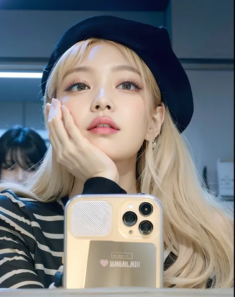 A close-up of a person holding a cell phone near a mirror, Parque Roseanne de Blackpink, Jossi de Blackpink, Retrato de Jossi de Blackpink, Lalisa Manoban de Blackpink, Lalisa Manobal, Su cabello es blanco, Jisoo de Blackpink, Jisoo de Blackpink, Blackpink...