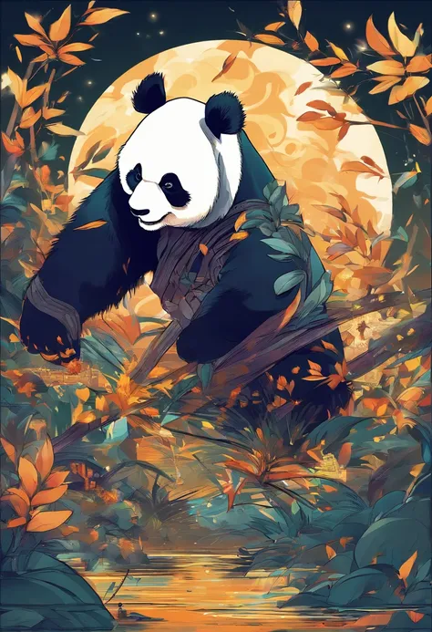 The anime scene where the giant panda is the main character is roaring and showing great power, the background is a full moon。, there are groups of bamboo fighting in various areas，trends on cgstation, beautiful art illustrations, detailed digital art styl...