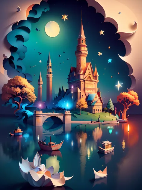 (((masterpiece))),best quality, illustration,  sky, cloud, water, star (symbol), tree, no humans, night, bird, moon, building, star (sky), night sky, scenery, starry sky, watercraft, castle, ship, waves, tower, boat. vibrant color scheme, Soft light,(warm ...