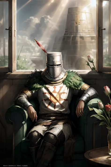 (masterpiece),((solaire)),1 knight relaxed and sitting at a sofa, holding flowers, window, atmospheric, sharp focus, masterpiece...