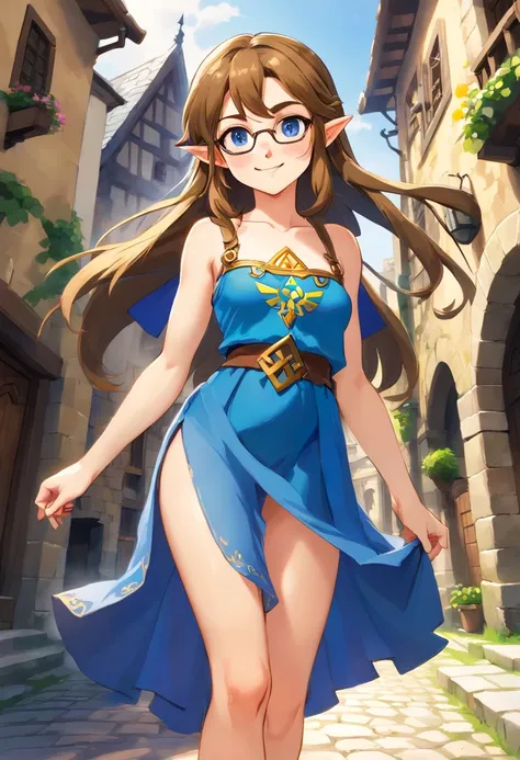 1girl, solo, sexy, small rim glasses, light freckles, blue eyes, long brown hair, (naked:1.2), thong, sexy dress, pleated skirt, tiny breasts, thin, big ass, cleavage, thighs, medieval town, (blushing:1.2), smiling