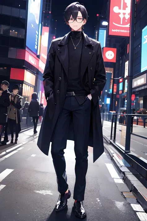 1male people、age 30s、nightcity、Shinjuku、Sateen、trench coat、Pants are jeans、lowfers、Hairstyle Medium、eye glasses、animesque、Taking a camera