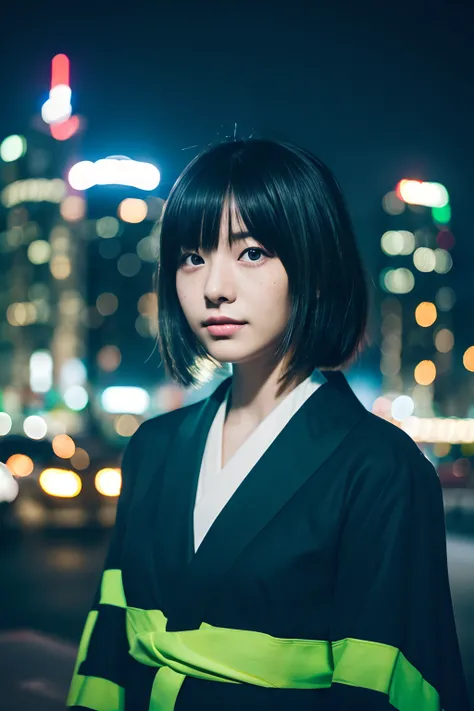 (1girl in),Japan at 25 years old,Medium black hair with green highlight color、 A little freckles、All-black mode costume, Standing full-body photo、night photo、City at night、Blue light up、Amazing face and eyes, ((Best Quality)), (Ultra-detailed), (extremely ...