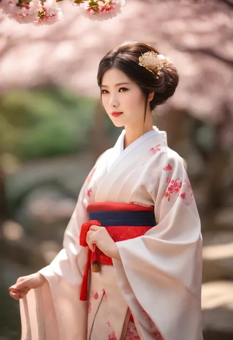 beautiful detailed eyes, cute and innocent face, long eyelashes, flowing hair, wearing a traditional kimono, standing in a peaceful Japanese garden, surrounded by blooming cherry blossoms, soft sunlight casting gentle shadows on the ground, vibrant colors ...