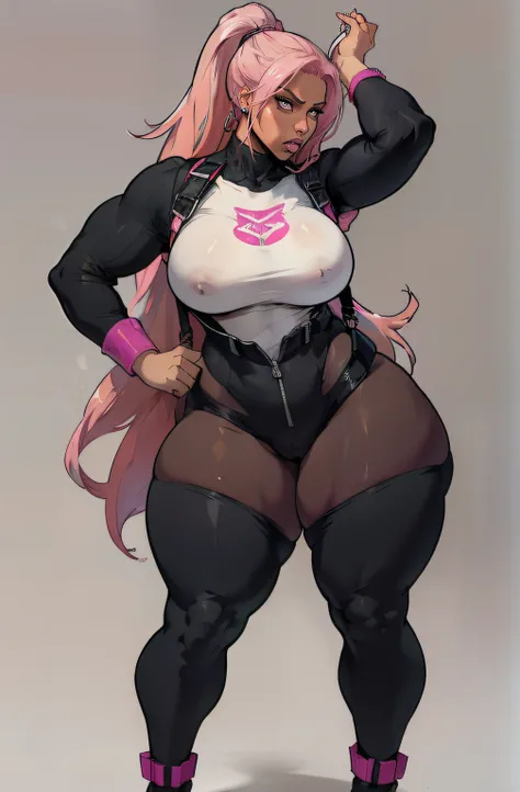 grey background, solo, 1 girl, bodysuit with straps, very long hair, pink hair, angry, brown eyes, earrings ((hanging breasts: 1.6)), ((thick thighs)), (full body), dark skin