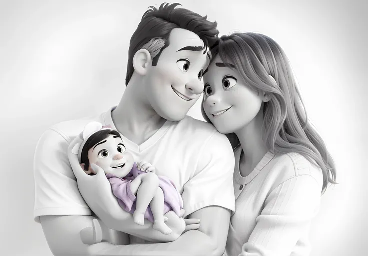 A couple holding one newborn baby girl, Disney pixar style, high quality, best quality