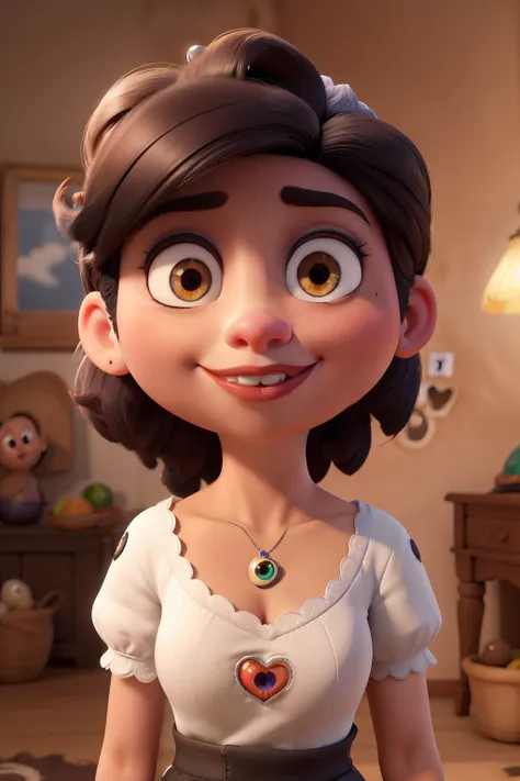 garota de 18 anos, cabelo cacheado tipo 2b preto bem escuro, olhos castanhos que ficam mais claros com a luz, oval face with one mole above the left eye and one above the lip, Heart-shaped mouth. Make the character Disney/ Pixar