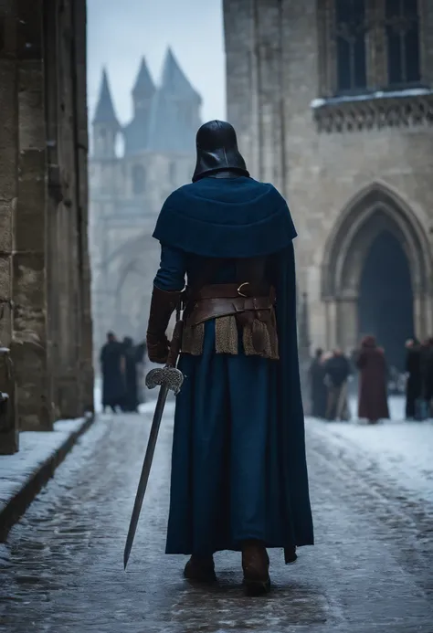 cavaleiro, homem, armadura negra, capacete de caveira, capa azul, espada coberta de sangue, at the middle gates of Notre Dame snowing outside. Fifteenth century France