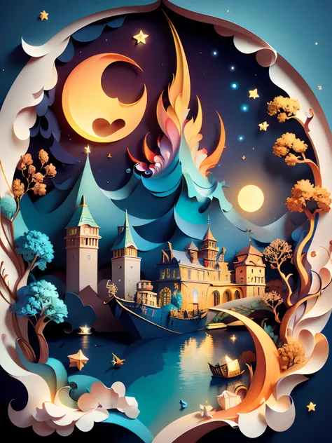 (((masterpiece))),best quality, illustration, paper-art, sky, cloud, water, star (symbol), tree, no humans, night, bird, moon, building, star (sky), night sky, scenery, starry sky, watercraft, castle, ship, waves, tower, boat. vibrant color scheme, Soft li...