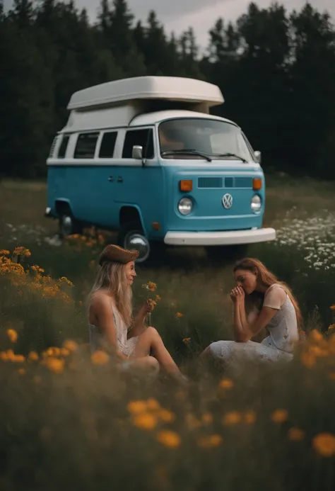 cinematic photo of two hot lesbians having sex in front of a light blue volkswagen t3 van camper that is parked on a beautiful field with flowers