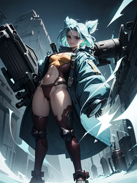 Zeri with black eyes and evil smile, lightning particles in her hands, (((holding a ZAP cannon ))), Large matte blue jacket with threads on the front, belly showing, knee pad on the right side, cleavage, small round breasts, body full length, big ass, thic...