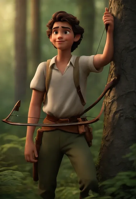 qualidade de imagem do filme，Disney Animation Style，A boy hunts in the forest with his bow in his sights，cabelo preto curto e detalhado，Suspenders，Bare feet，profundidade de campos，Luz alta，luz real，Traching de raias，oc renderizado，hyper-realistic，melhor qu...