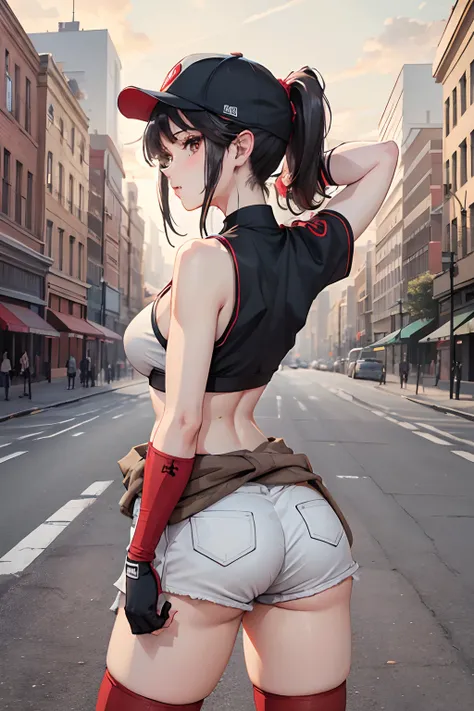 masterpiece, best quality, pdsivir, baseball cap, ponytail, white crop top, elbow gloves, short shorts, clothes around waist, la...