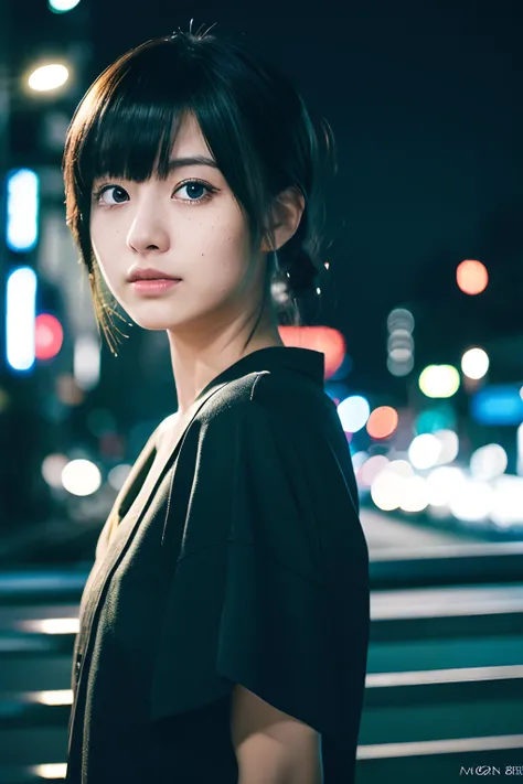 (1girl in),Japan at 25 years old,Medium black hair with green highlight color、 a little freckles、All Black Mode Costume, Standing full-body photo、night photo、City at night、Blue Light Up、Amazing face and eyes, ((Best Quality)), (Ultra-detailed), (extremely ...