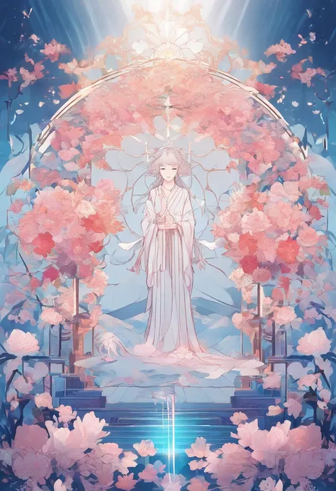 holy sacred light rays，Beautiful spectrum。A bouquet of plum blossoms and peony flowers，The petals shimmer white，Against a blue background，Reflect bright、Ultra-clear photos。Transparent metal armor，Angry and mighty，It emits fluorescence as if it has vitality...