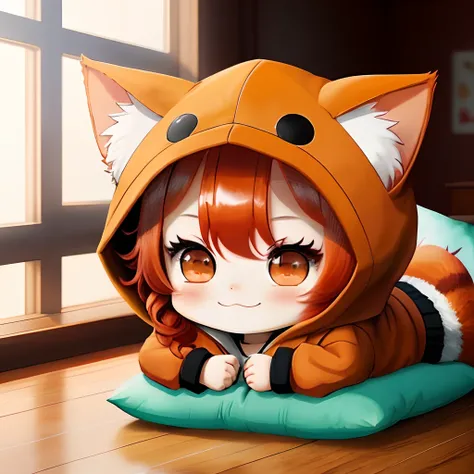 chibi character　Anime Paintings　red hairs　Nekomimi　a smile　Wearing a hood　lie down